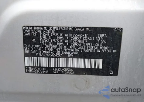 2012 Toyota Rav4 z USA, uszkodzony, nr VIN 2T3BF4DV2CW254247